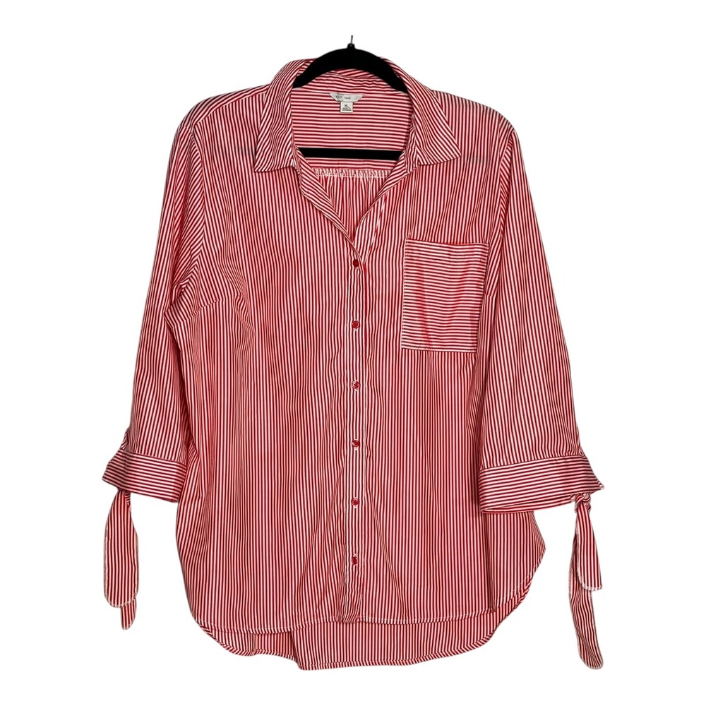 Cato EST 1946 Red White Stripe‎ Button Down Shirt Womens XL Tie Sleeve